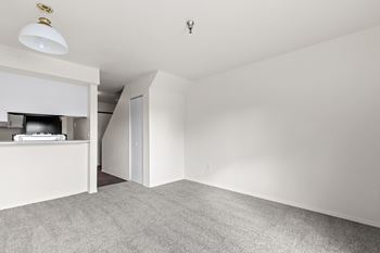 A white room with a grey carpet and a ceiling light.